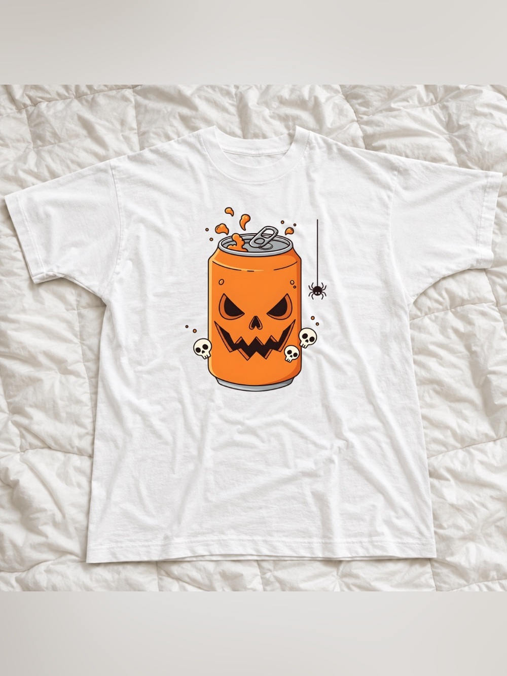 Halloween Pumpkin Can Graphic White Tee - Classic Orange Drink Design